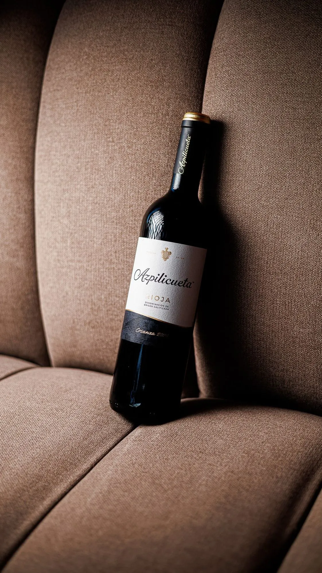 Botella de Rioja Azpilicueta apoyada en una butaca de Terraza Catedral